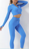 High Waist Leggings, Long Sleeve Zipper Crop Top blue